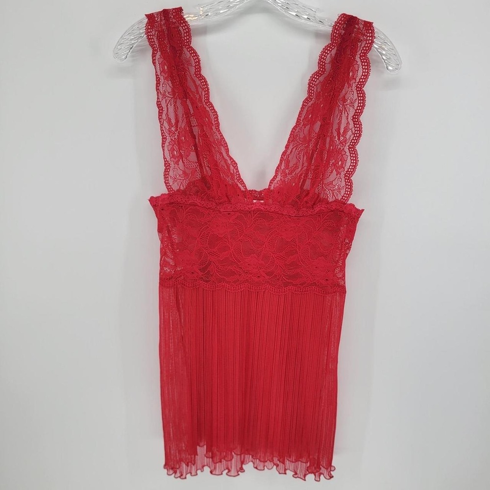 Victorias Secret Red Lace Babydoll Top Pleated Sheer Chemise Womens M